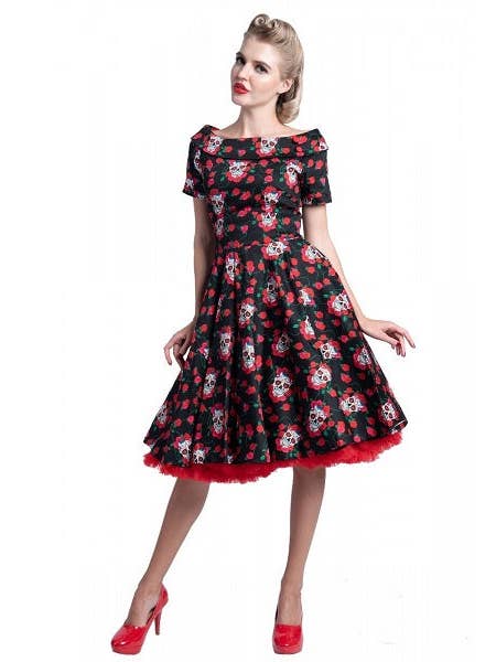 Dolly & Dotty - Wholesale Dress - Women's - Rockabilly Skulls & Roses Darlene Swing Dress
