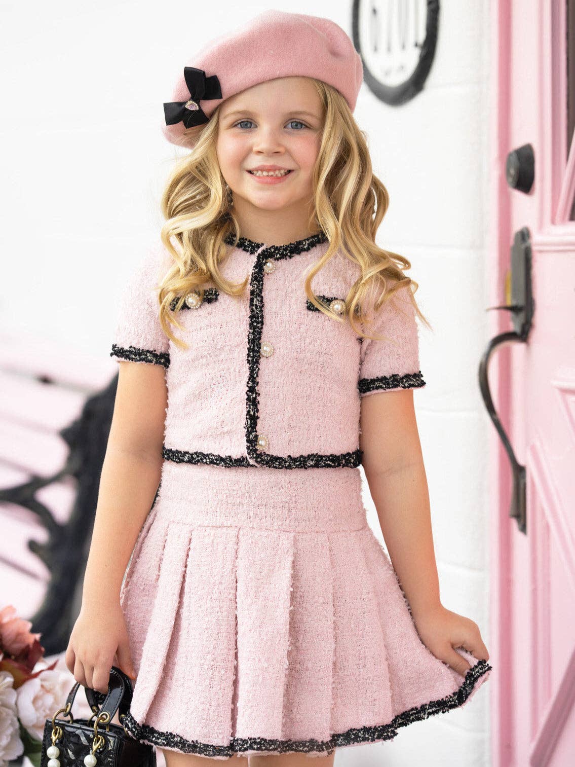 Rosa Blushfarbener Tweed-Kurzarmjacke und Faltenrock-Set für den Großhandel auf Faire2