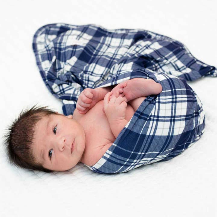 Stretchy Swaddle Blanket in Blue Plaid for wholesale by Dolly Lana