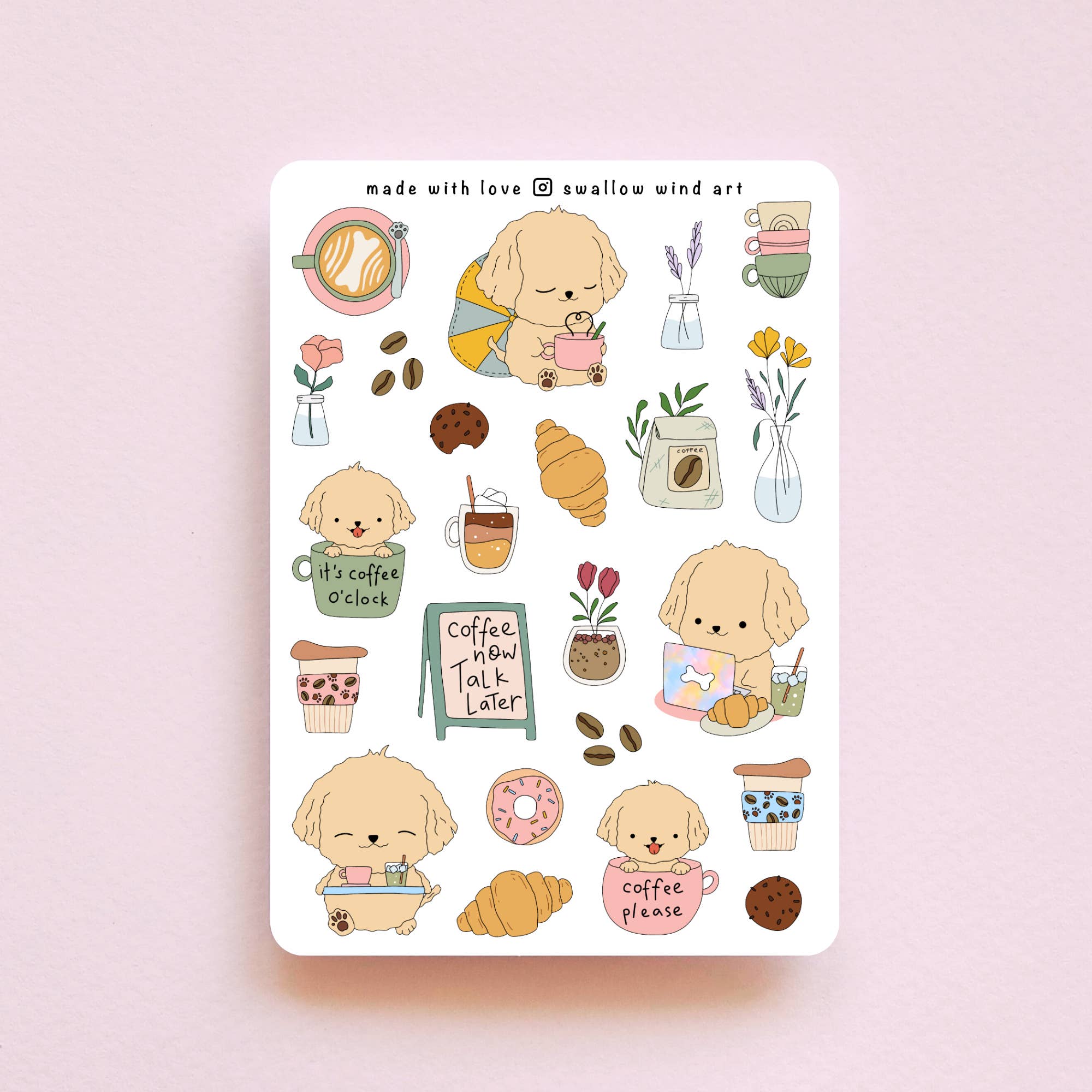 Swallow Wind Art - Wholesale Sticker - Sticker Sheet - Groodle at a Cafe