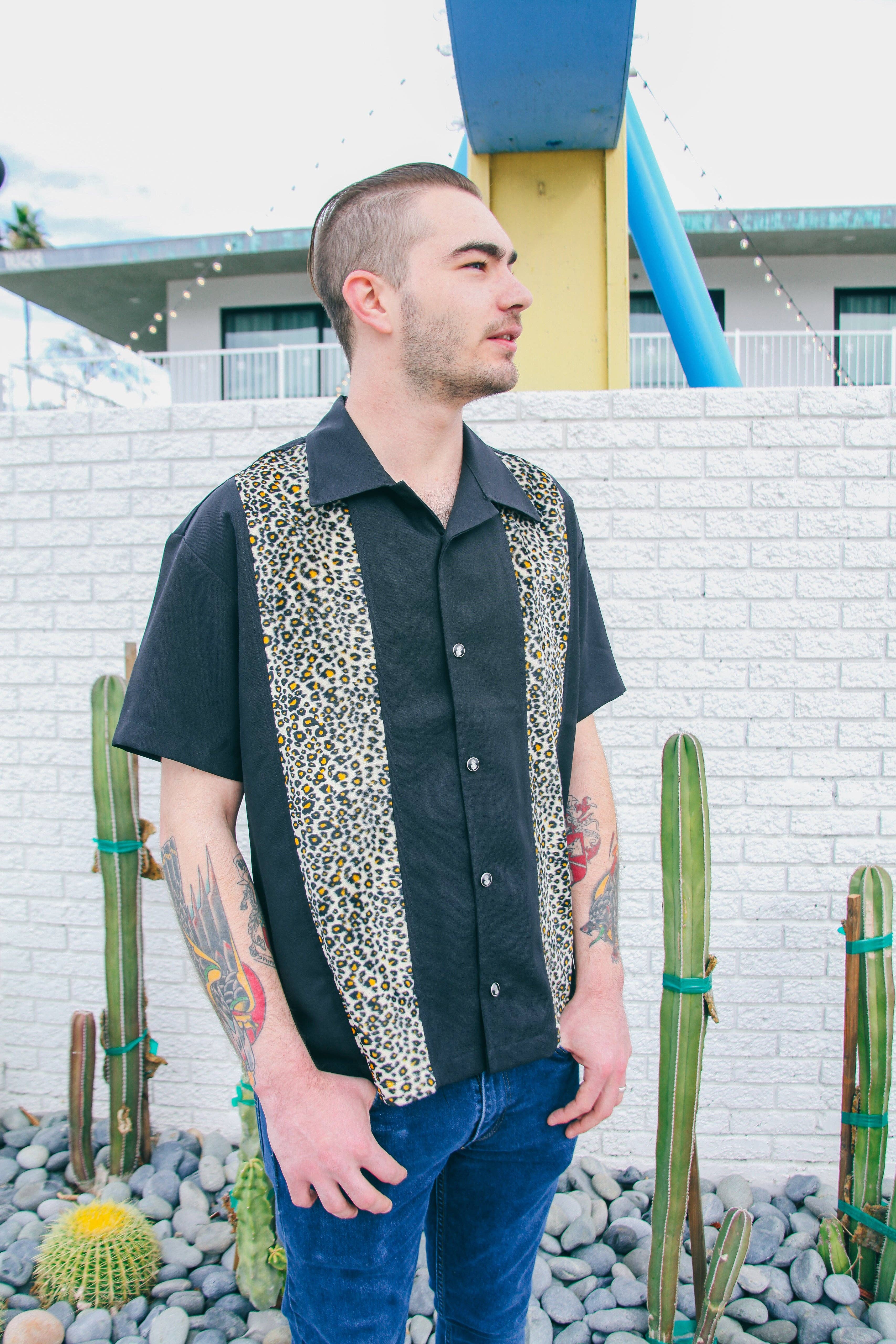 Steady Clothing - Wholesale Button Down Shirt - Men's - Leopard Panel Bowling Shirt in Black6