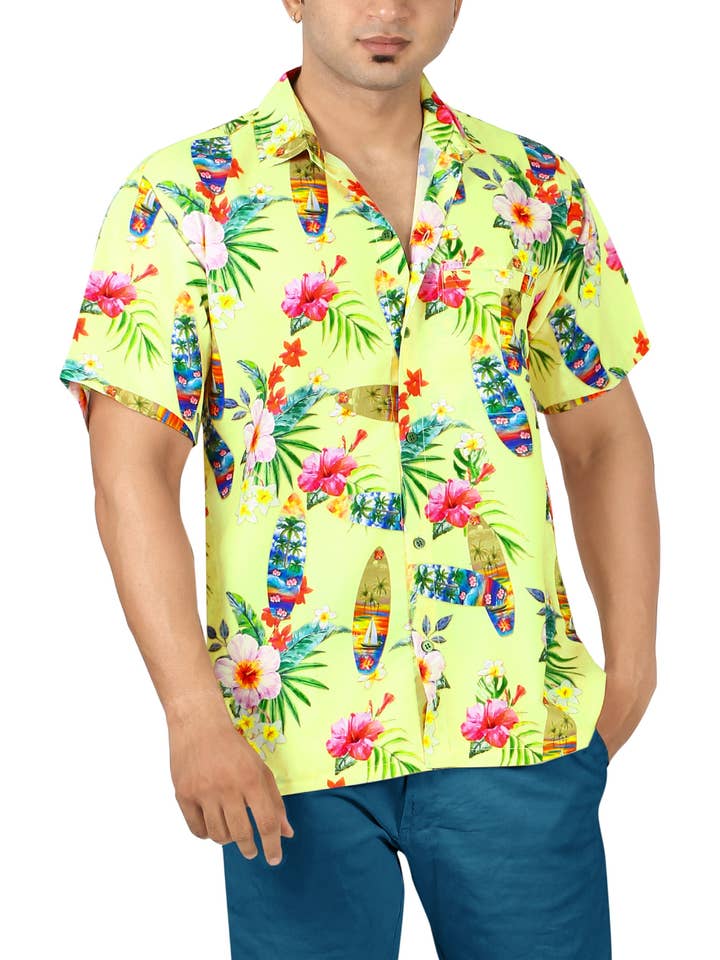 La Leela Men's Tropical Floral Hawaiian Shirt Cream P00082 for wholesale by LA LEELA \ HAPPY BAY