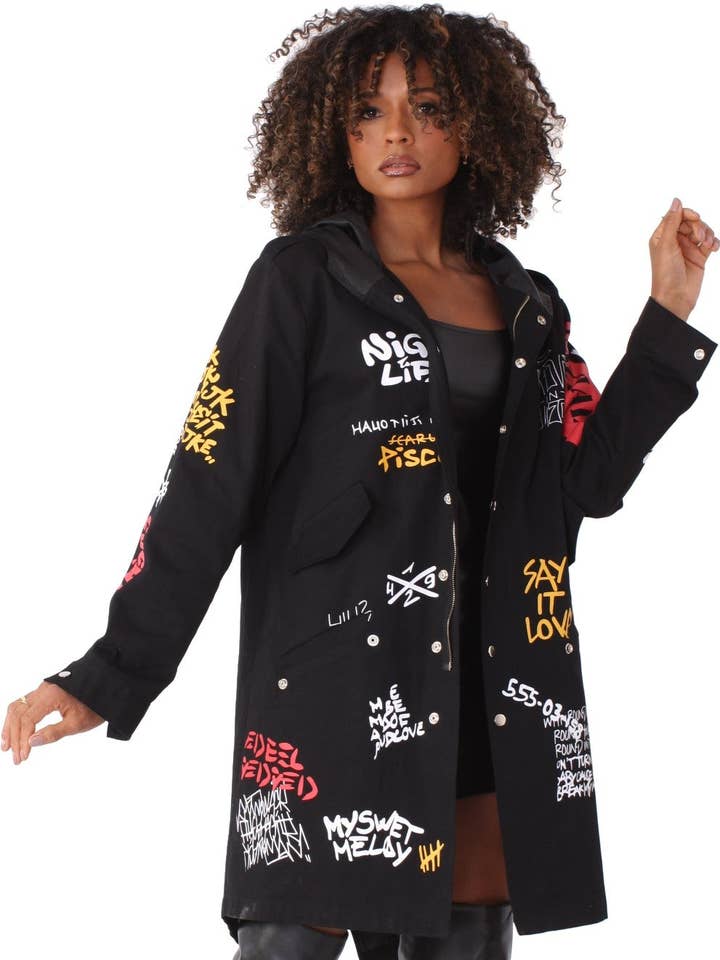 For Her NYC - Wholesale Jacket - Women's - 81782P Graphite Writing, Button Pocket Along With Hood. plus