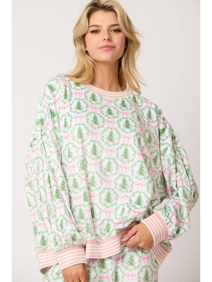 IVORY LT GREEN PINK Christmas Tree & Bow Prints Loungewear Top for wholesale on Faire