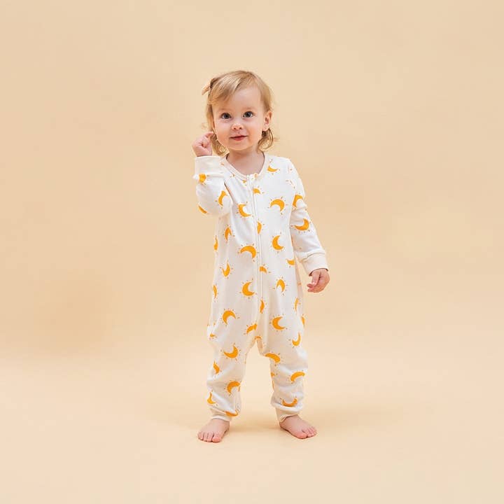 Super Soft TENCEL™ Modal & Organic Cotton 2-Way Zip Sleep & Play Pajamas - Yellow Moon for wholesale by Little Plant