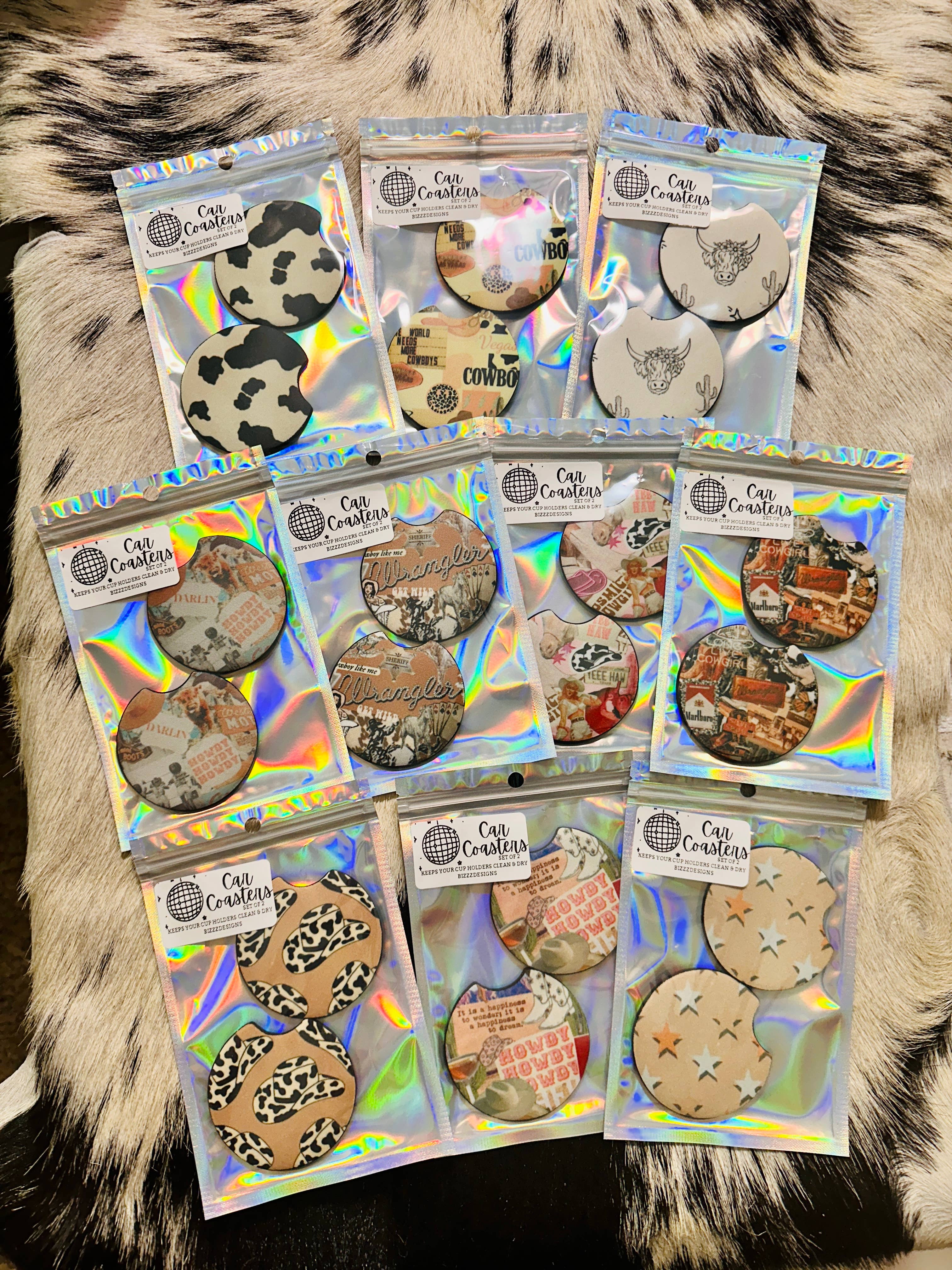 Bizzz Designs - Vendita all'ingrosso Sottobicchiere per auto - Donna - Sottobicchieri Western Car | Set di 10 sottobicchieri per auto Punchy2