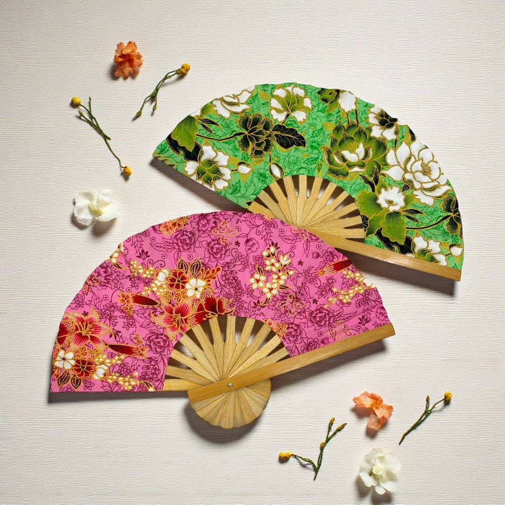 Earths Elements Wholesale - Wholesale Handheld Folding Fan - Floral Fabric Wooden Folding Fan - Assorted0