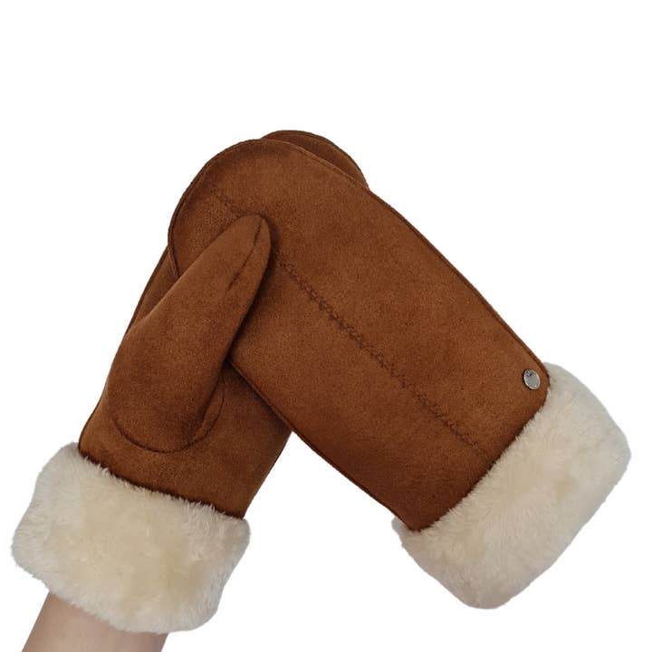 Allesco Inc. - Wholesale Mittens - Women's - Club Rochelier Ladies Faux Suede Mitt, Contrast Sherpa Cuff