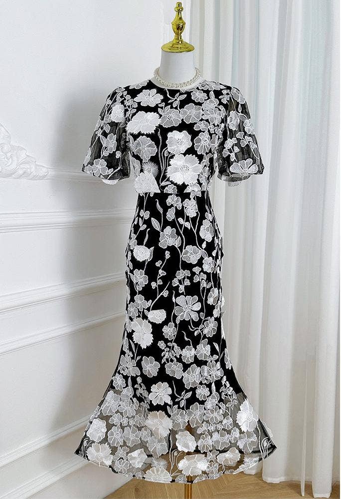 Sanyao Fashion - Wholesale Dress - Women's - SY474 3D Floral Embroidered Puff Sleeve Fishtail Skirt11