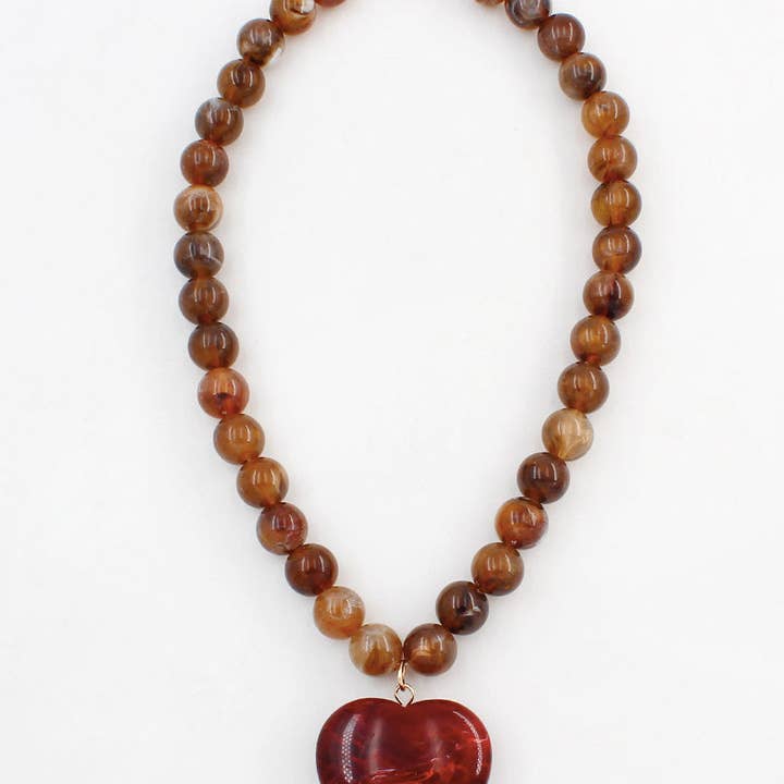 Brown Beaded with Red Tone Natural Stone Heart 16"-18" Necklace for wholesale by What's Hot