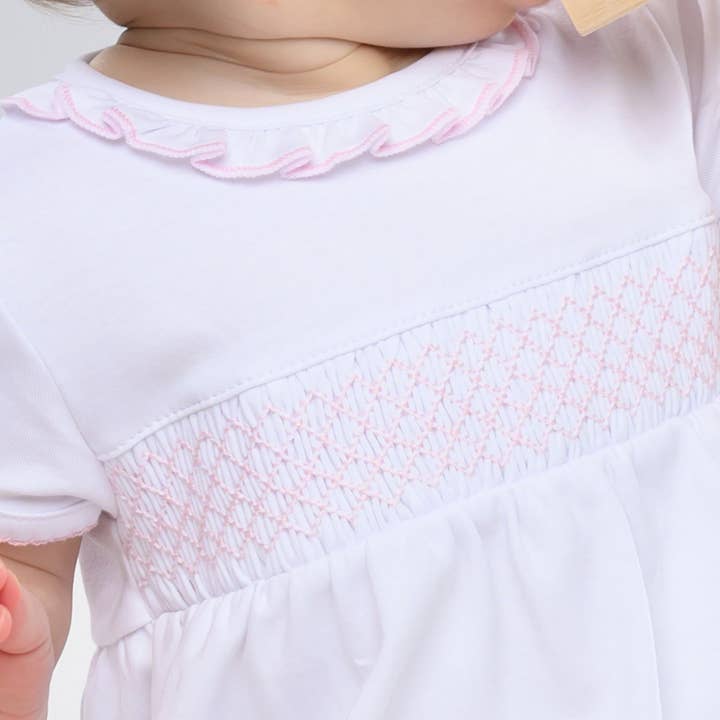 Magnolia Baby - Wholesale Bodysuit (Non-Footed) - Baby - Essentials Solid Smocked Bubble - White Pink