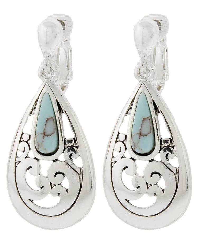 0011 PREMIERE - Wholesale Clip-On Earrings - FR4229 Turquoise Stone Filigree Teardrop Clip On Earrings1