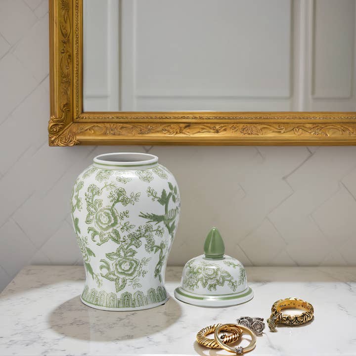 14 in. Green/White Bird and Flower Temple Chinoiserie Jar and other Purchase Wholesale cache pot. Free Returns & Net 60 Terms on Faire trending on Faire.