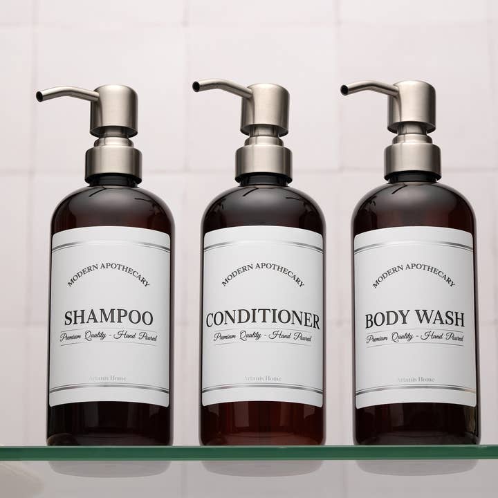 Amber 16 oz Plastic Dispenser Set with Label Choices for wholesale by Artanis Home