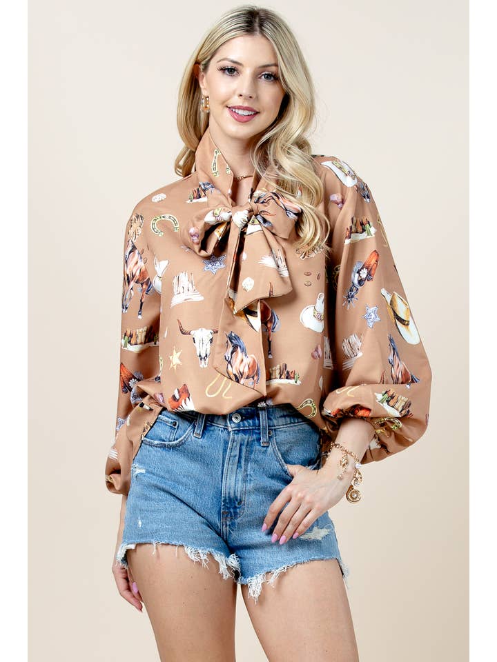 Multi Colored T1629-6173-Western Sheriff Spur Shoes Print Blouse for wholesale on Faire1