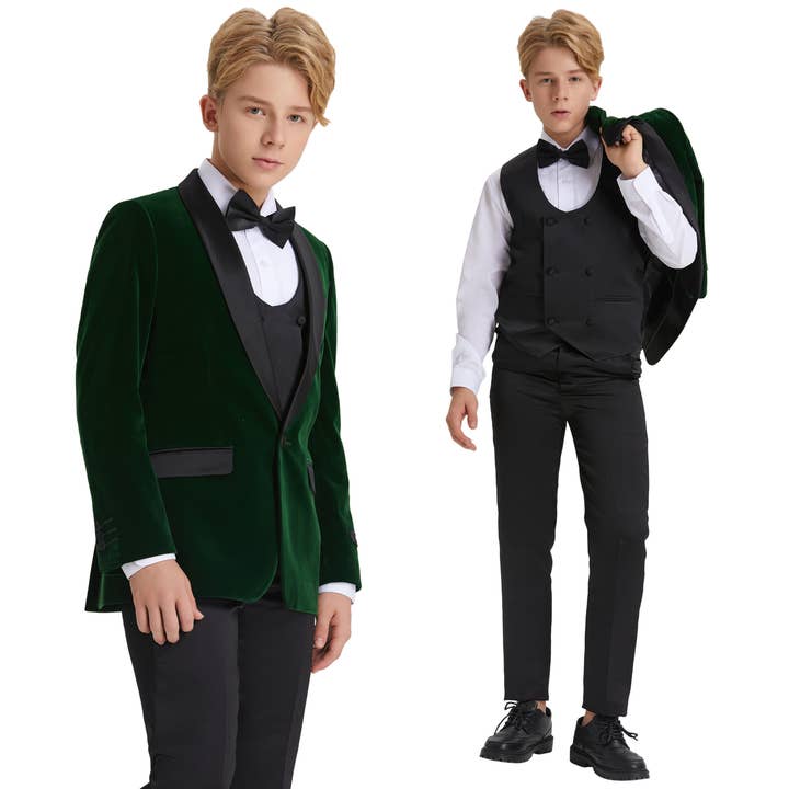 Velvet Boys Tuxedo Green 5pc w/ Bowtie & Tuxedo Dress Shirt for wholesale by Suits America