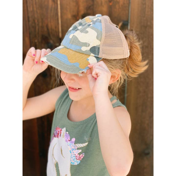 C.C Beanie - Wholesale Baseball Cap - Kids - KIDS Distressed Camouflage Criss-Cross High Ponytail CC Ball1