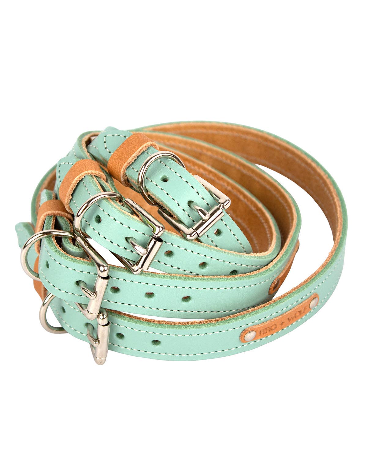 Hiro + Wolf – wholesale Pet collar – Dog – Luxury Leather Duo Tone Studded Dog Collar 'Mint + Tan'5