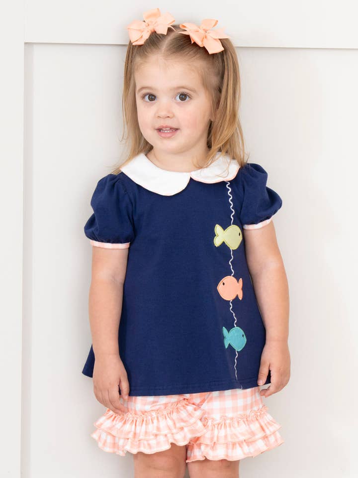 Marie Nicole Clothing - Wholesale Top & Short Set - Kids - Gingham Embroidered Fish Ruffle Outfit