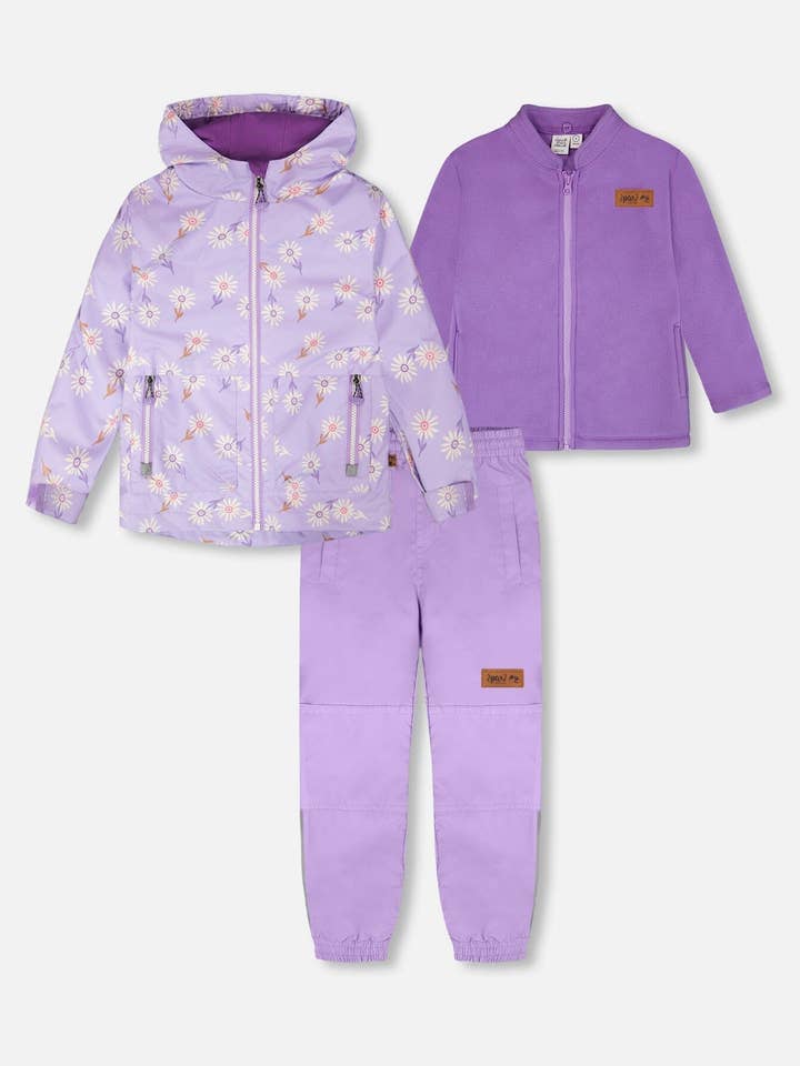 3-in-1 tweedelig tussenseizoenjack met effen broekset, paarse madeliefjesprint voor wholesale door Deux par Deux