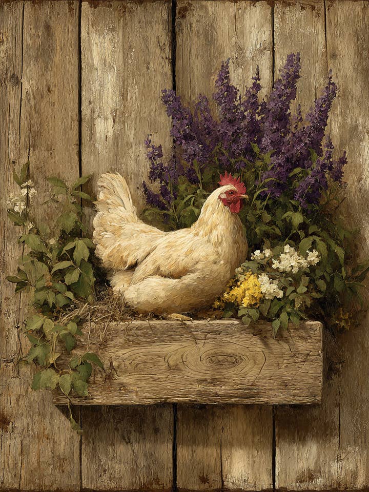 Classic Chicken on Flower Box Still-Life Farm Life 8"x10" Artwork for 11"x14" Frame for wholesale by Mowbi