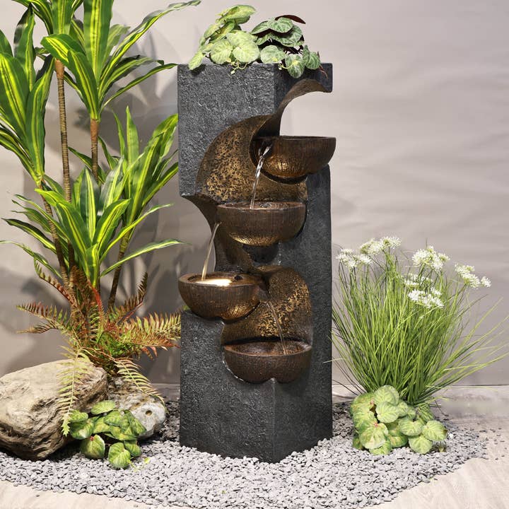 36" H Stacking Bowls Fountain with 4 Warm White LED Lights for wholesale by Hi-Line Gift Ltd.