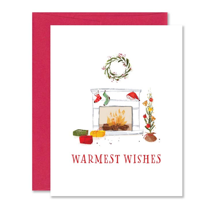 Warmest Wishes - Illustrated Festive Holiday Fireplace Card for wholesale by Jones Street Press