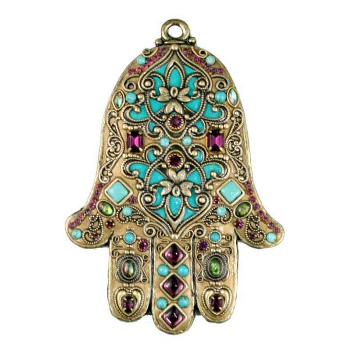 Gold and Turquoise Wall Hamsa for wholesale by Michal Golan Jewelry
