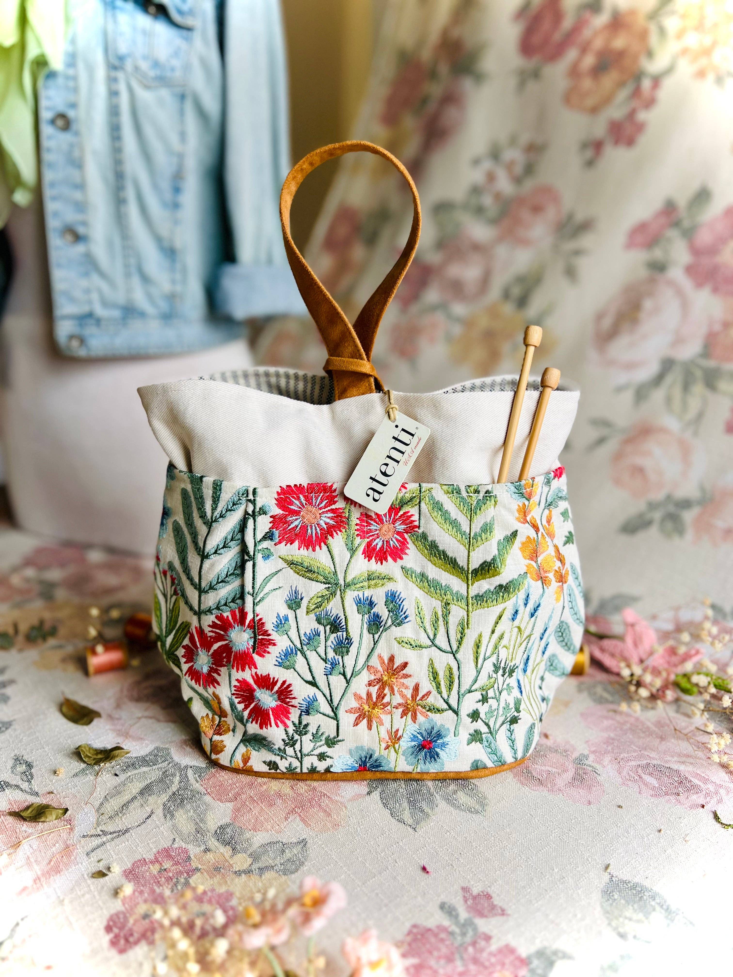Atenti - Wholesale Tote Bag - Women's - Wildflower Tall Caddy– Handmade USA Embroidered Floral Yarn & Notions Organizer, Atenti Project Bag7
