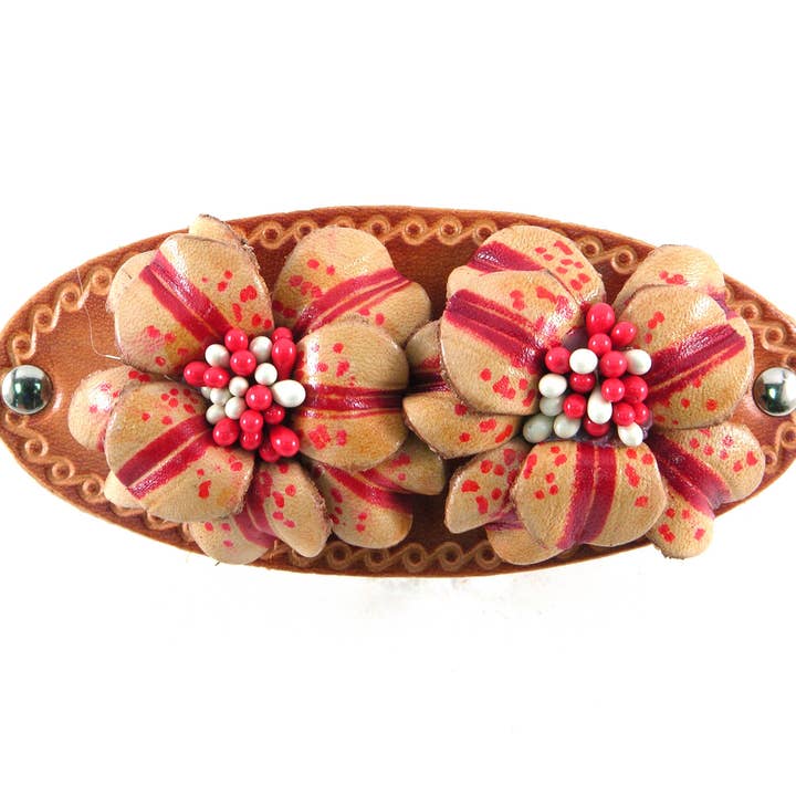Handmade Leather Barrette floral 3D design - G335-2 for wholesale by Sunflower Handmade leather inc