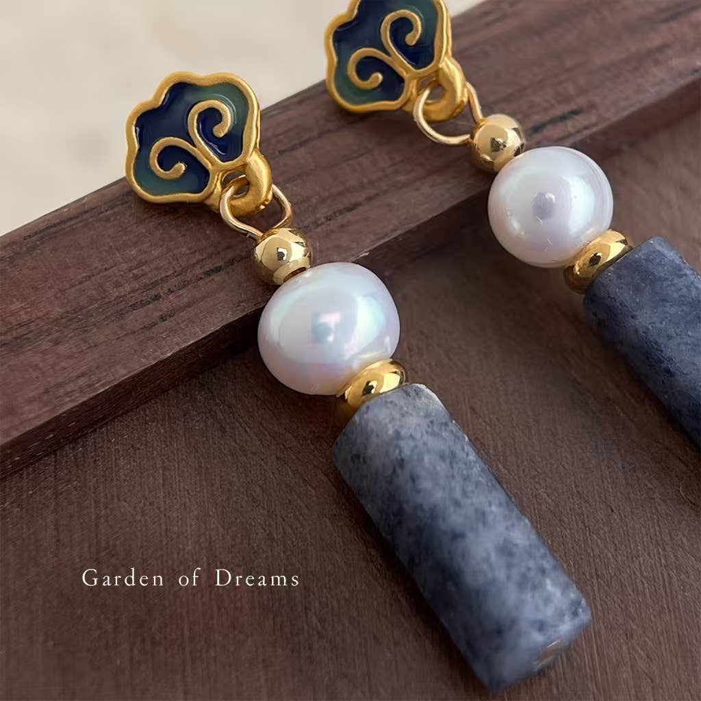 Otterware - Wholesale Dangle Earrings - Handmade Cloisonné Enamel Earrings: Pearl & Jasper, S9253