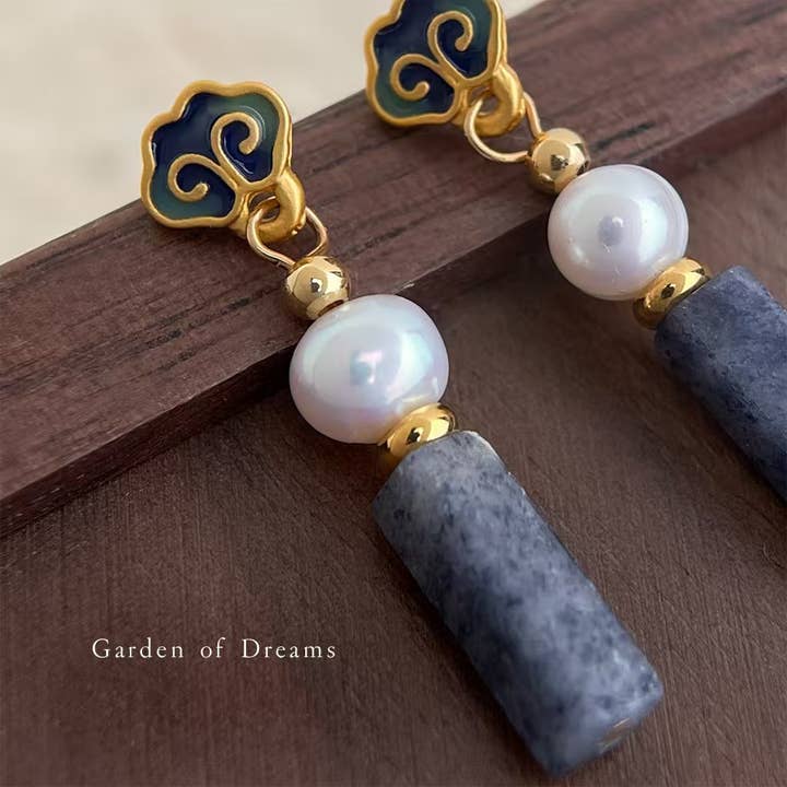 Otterware - Wholesale Dangle Earrings - Handmade Cloisonné Enamel Earrings: Pearl & Jasper, S9253