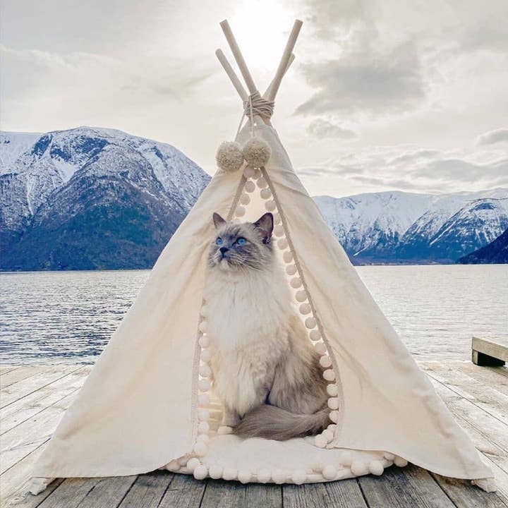 MINICAMP – wholesale Pet bed – Cat/dog – MINICAMP Dog Teepee & Large Cat Tent in Ecru with Pompoms – Size M5