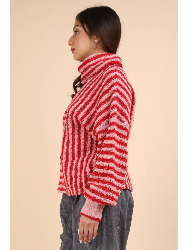 VERY J - Wholesale Knit Sweater - Women's - 12W3186N-Mock Neck Soft Striped Knit Sweater Top