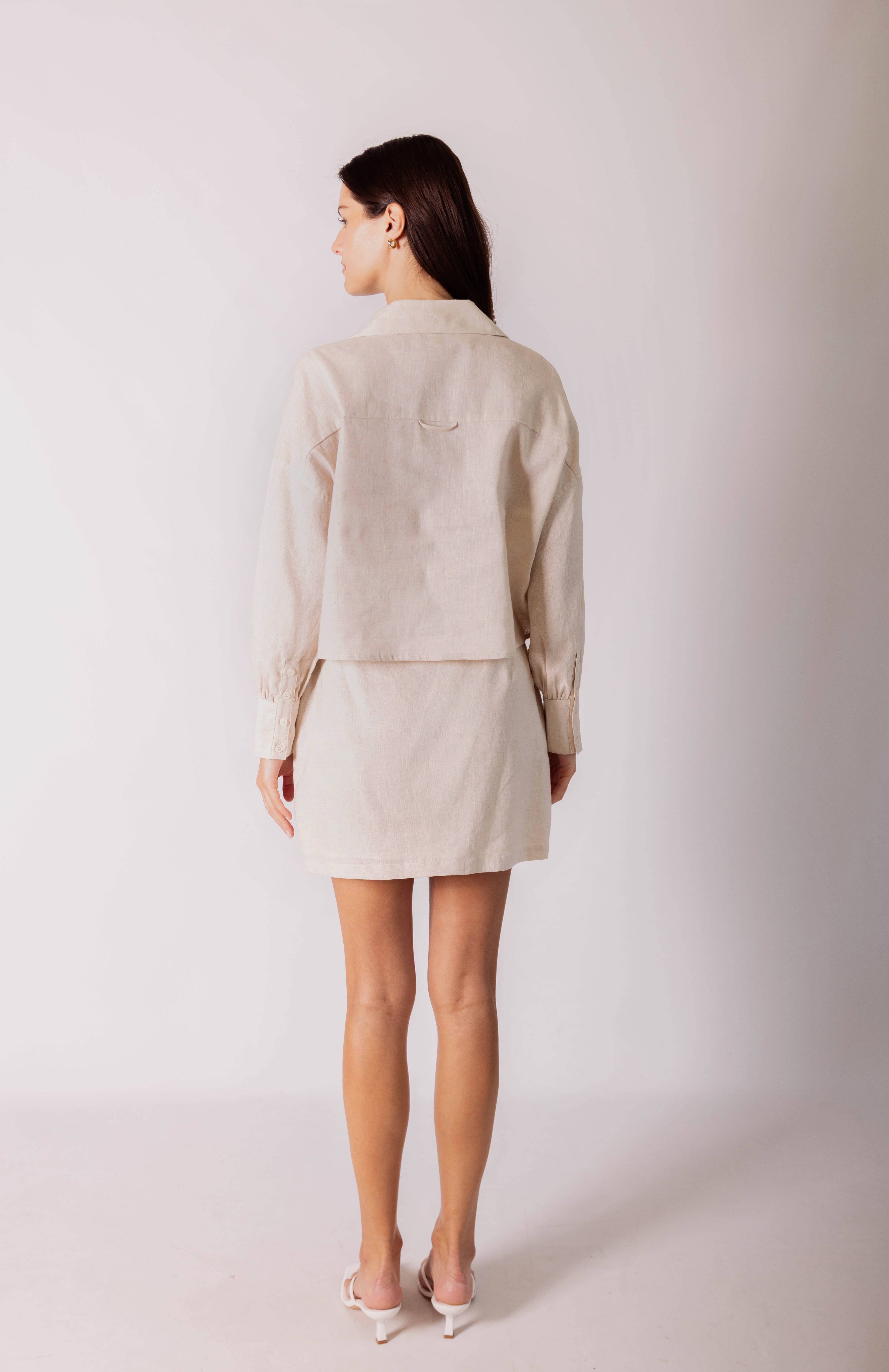 Natural P.CILL 100% Linen Cropped Button Up Shirt for wholesale on Faire5
