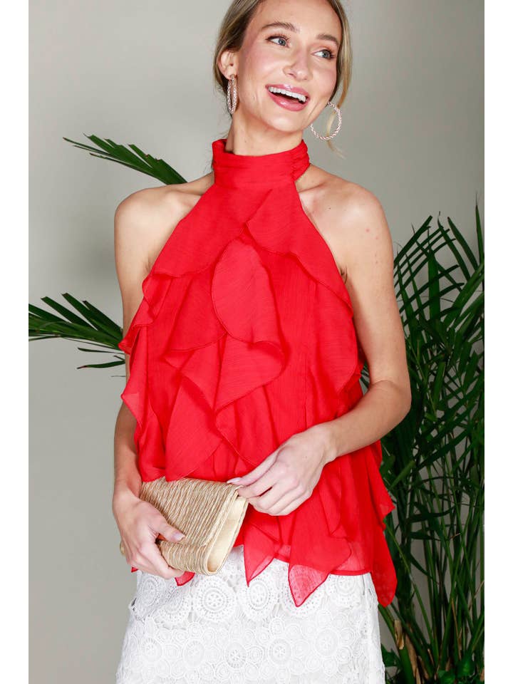 Vine & Love - Wholesale Blouse - Women's - Halter Neck Sleeveless Ruffle Detail Blouse Top VT81971