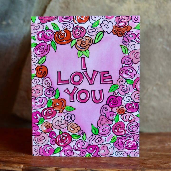 Carte de Saint-Valentin "Je t'aime" avec cœur et roses pour la vente par Nan Van Art