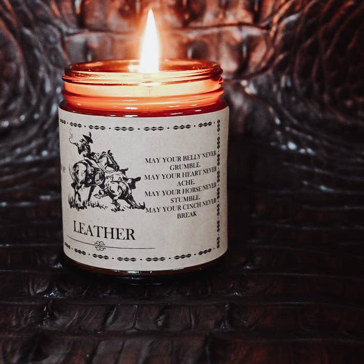 The Gift Gala Shop Candle Co. - Wholesale Jar/filled candle - “Leather” Western Soy Candles | Amber Rustic Soy Candle1