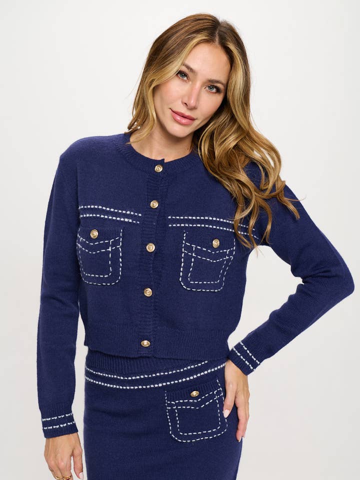 Knit Long Sleeve Cardigan Top with Stitching and Skirt Set for wholesale by Renee C.