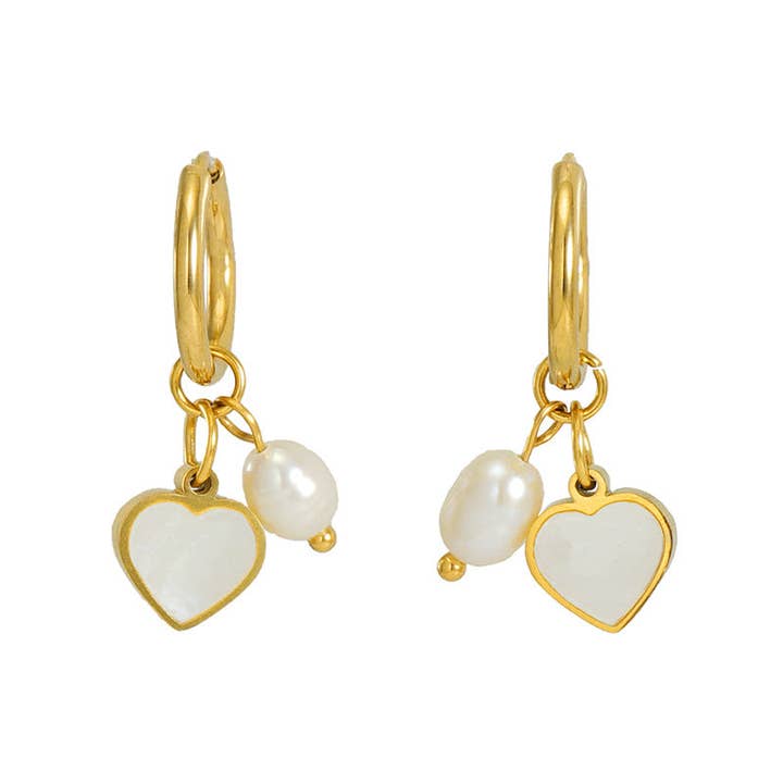 Mio Queena - Wholesale Huggie Earrings - Pearl Shell 18K Gold-plated Stainless Steel Earrings - FGS3