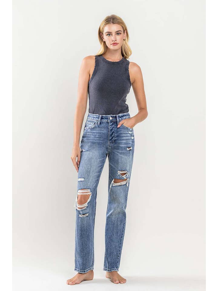 MASE SUPER HIGH RISE DISTRESSED STRAIGHT JEANS Y3913 for wholesale on Faire