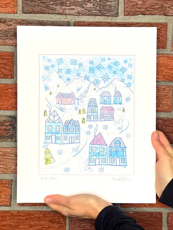 Winter Town Watercolor Art Print for wholesale by RachelC