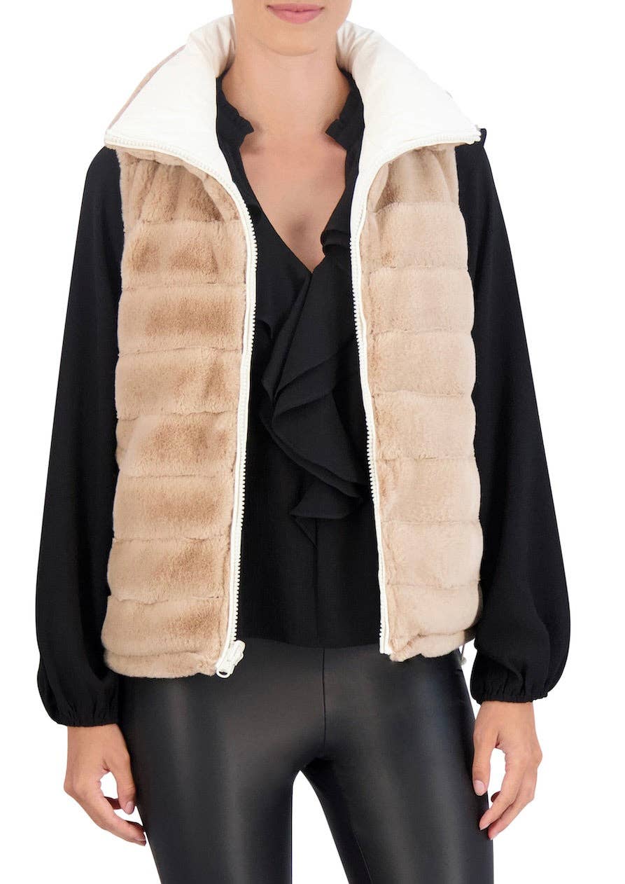 Ivory Carbon Puffer Vest Reversible to Grooved Faux Fur for wholesale on Faire8