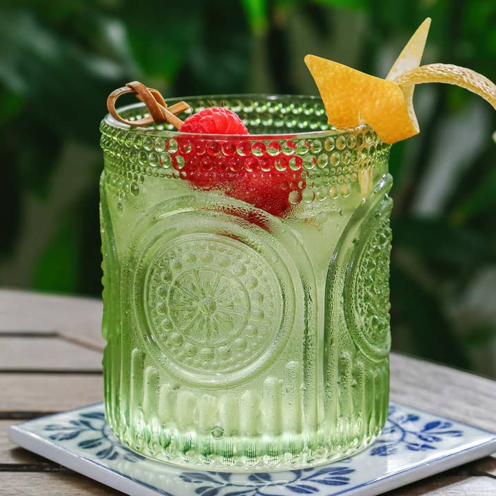 Kate Aspen - Wholesale Drinking glass/cup - 10 oz. Ribbed Retro Arch Floral Green Drinking Glasses (Set1