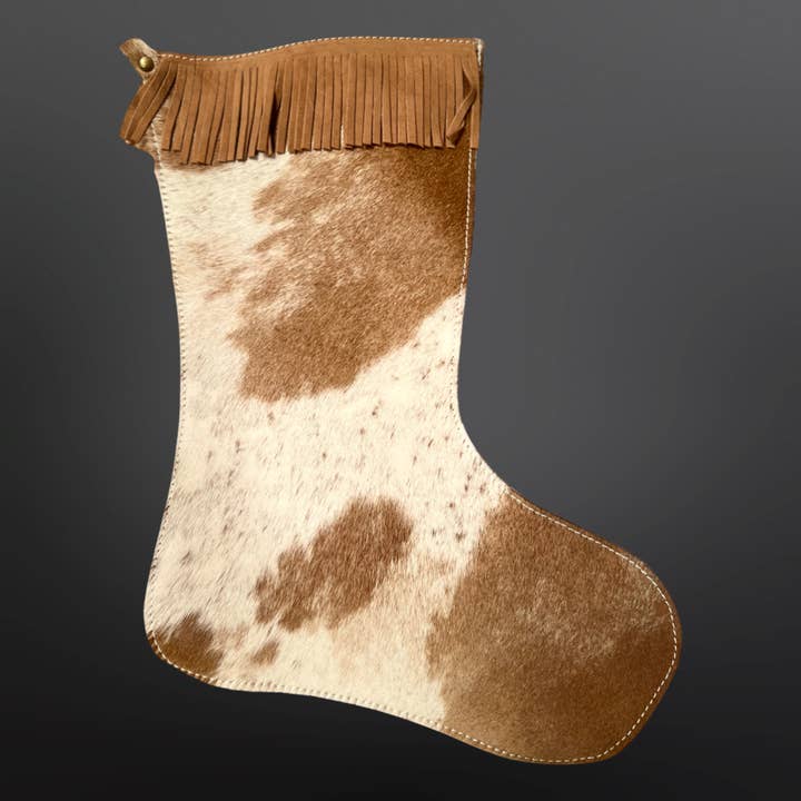 Grande chaussette de Noël à franges en cuir de vachette de 17 pouces pour la vente par Westrian International