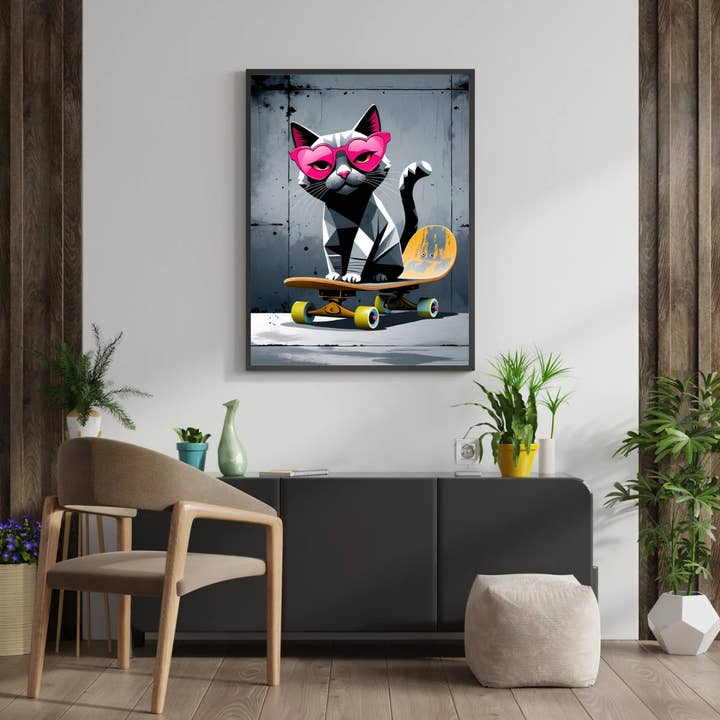 Skater Cat Vibes – Cool Wall Art with Pink Glasses & Attitude for wholesale by WinsterCreations™