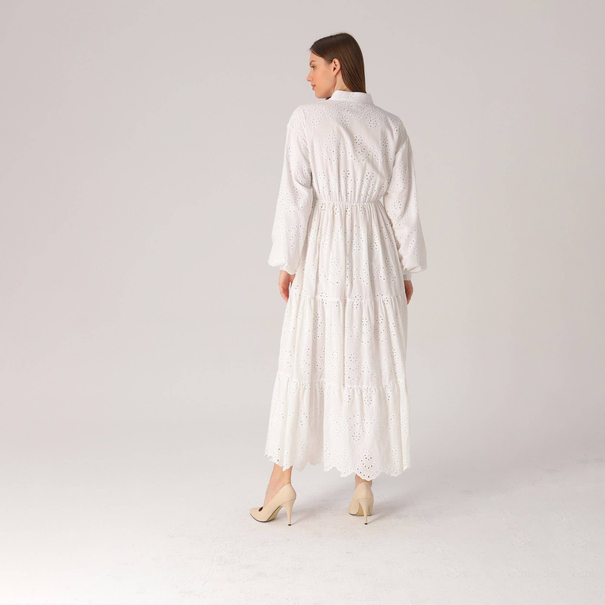 Modest White Long Sleeve Eyelet Maxi Dress for wholesale on Faire4