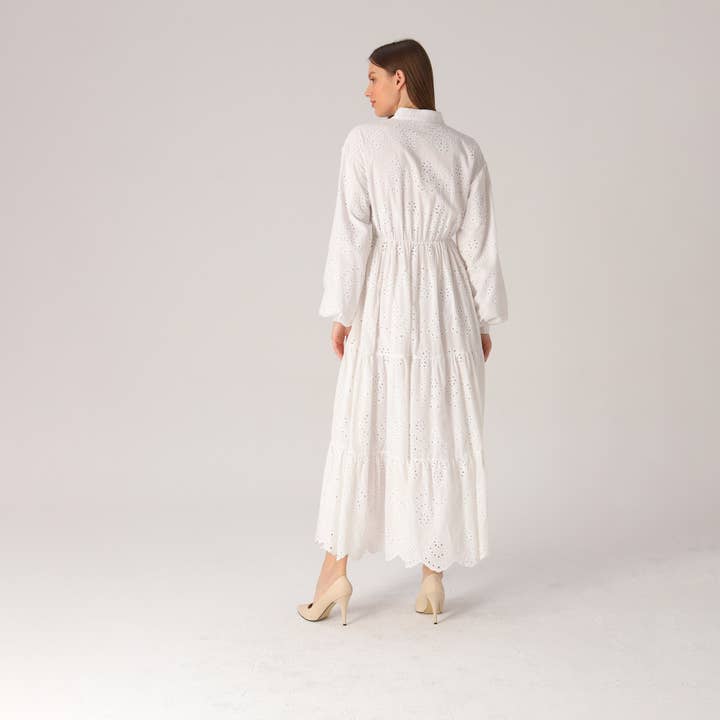 Modest White Long Sleeve Eyelet Maxi Dress for wholesale on Faire4