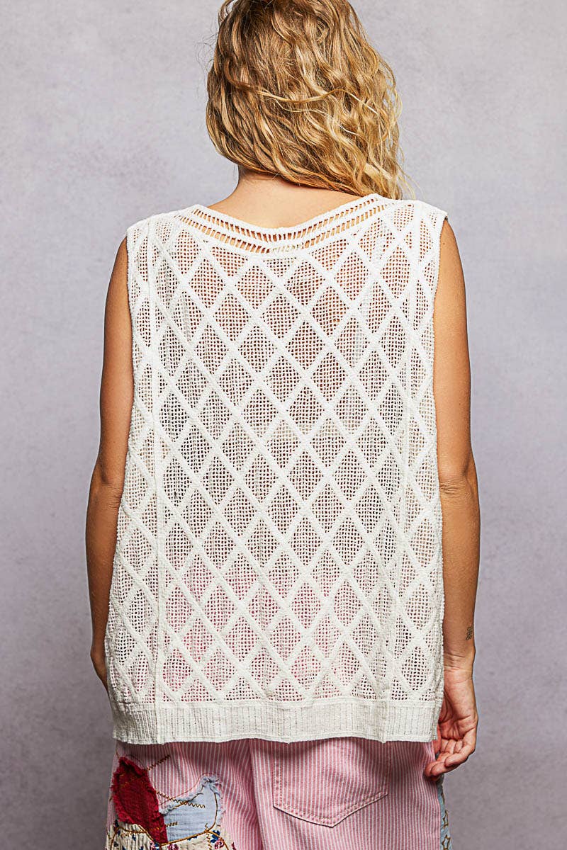 Pol Clothing - Wholesale Knit Top - Women's - V-neck Diamond Weave Crochet Sleeveless Knit Top 20