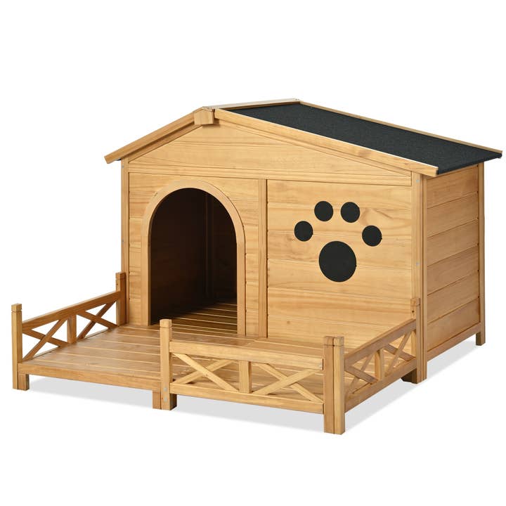 Natural Wooden Dog House with Porch, Water-Resistant Roof & Fencing for wholesale on Faire8